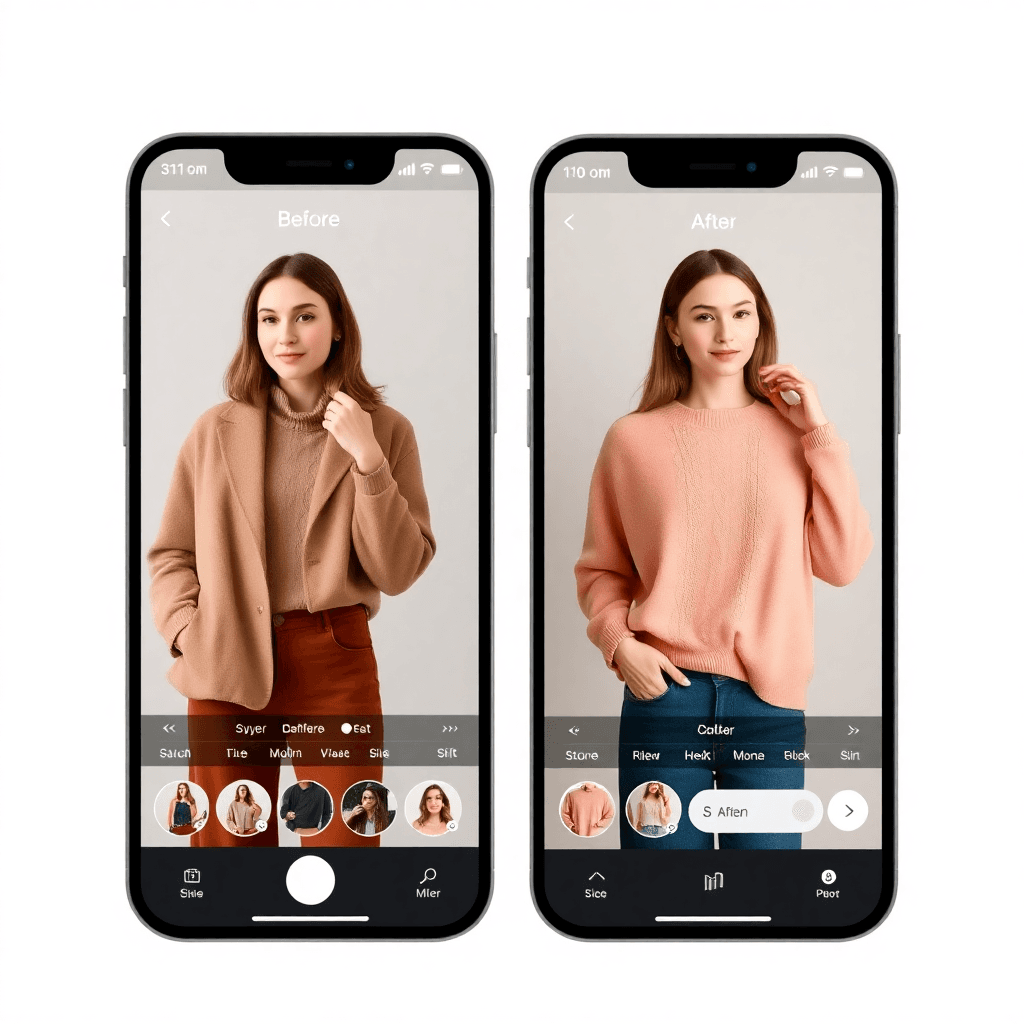 woman trying on different clothing items virtually, split screen showing before and after, fashion app interface, modern UI